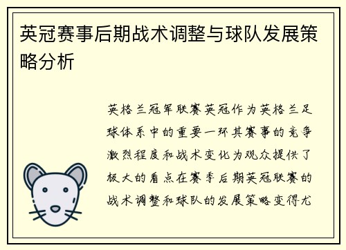 英冠赛事后期战术调整与球队发展策略分析